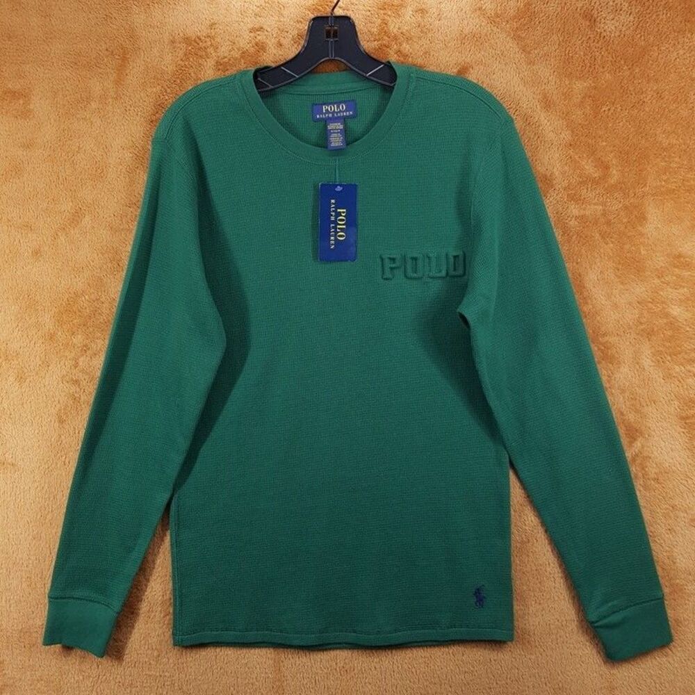 POLO Shirt Mens Small Green Pullover Crew Thermal Long Sleeve Raised Logo Pony